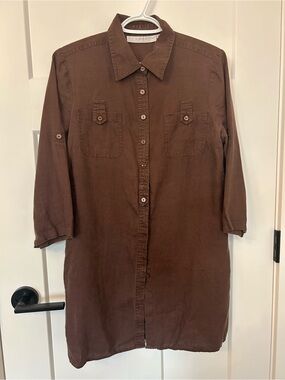 It’s A New Vision Brown Linen Shirt Dress Medium Roll Tab Sleeves